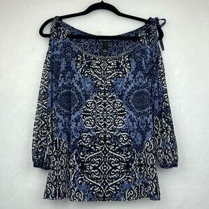 INC International Concepts Blue Geometric Cold Shoulder Sleeve Top Sz S